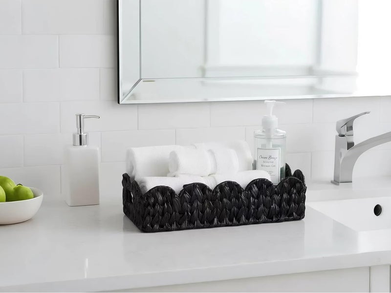 Coeusy Black Toilet Basket,Scalloped Wicker Basket for Toilet Paper Storage,Small Slim Storage Baskets for Shelf,Bedroom,Living Room,Rectangle - Image 4